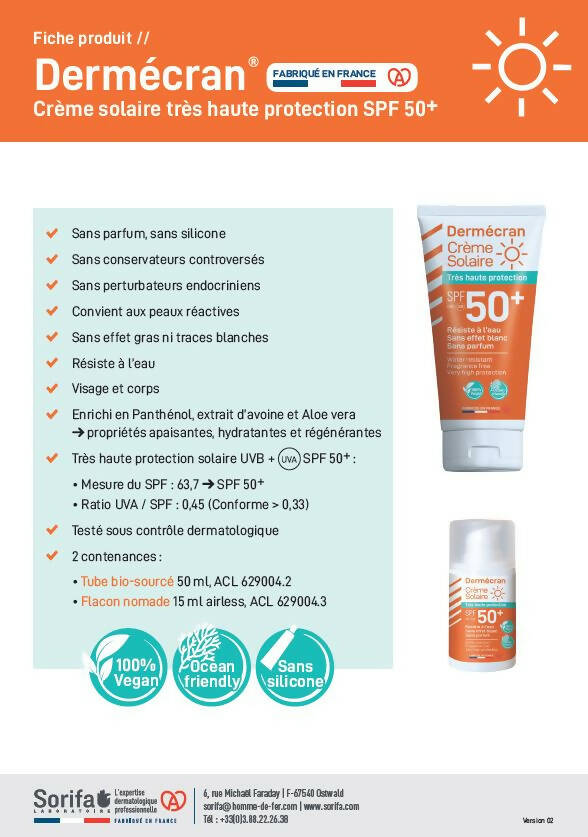 SORIFA - Dermécran - Crème solaire SPF50+ - Visage et corps - Formule Vegan & Ocean Friendly - Résiste à l'eau - Pour toute la famille dès 3 ans - Fabriquée en France - Tube 50 ml