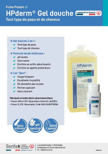 SORIFA - Carton complet de 12 - HPderm Gel douche - 2 en 1 corps et cheveux - Dermo-protecteur - Tout type de peau et cheveux- aux protéines d’avoine - Usage fréquent - pH neutre, sans savon - Flacon 1L
