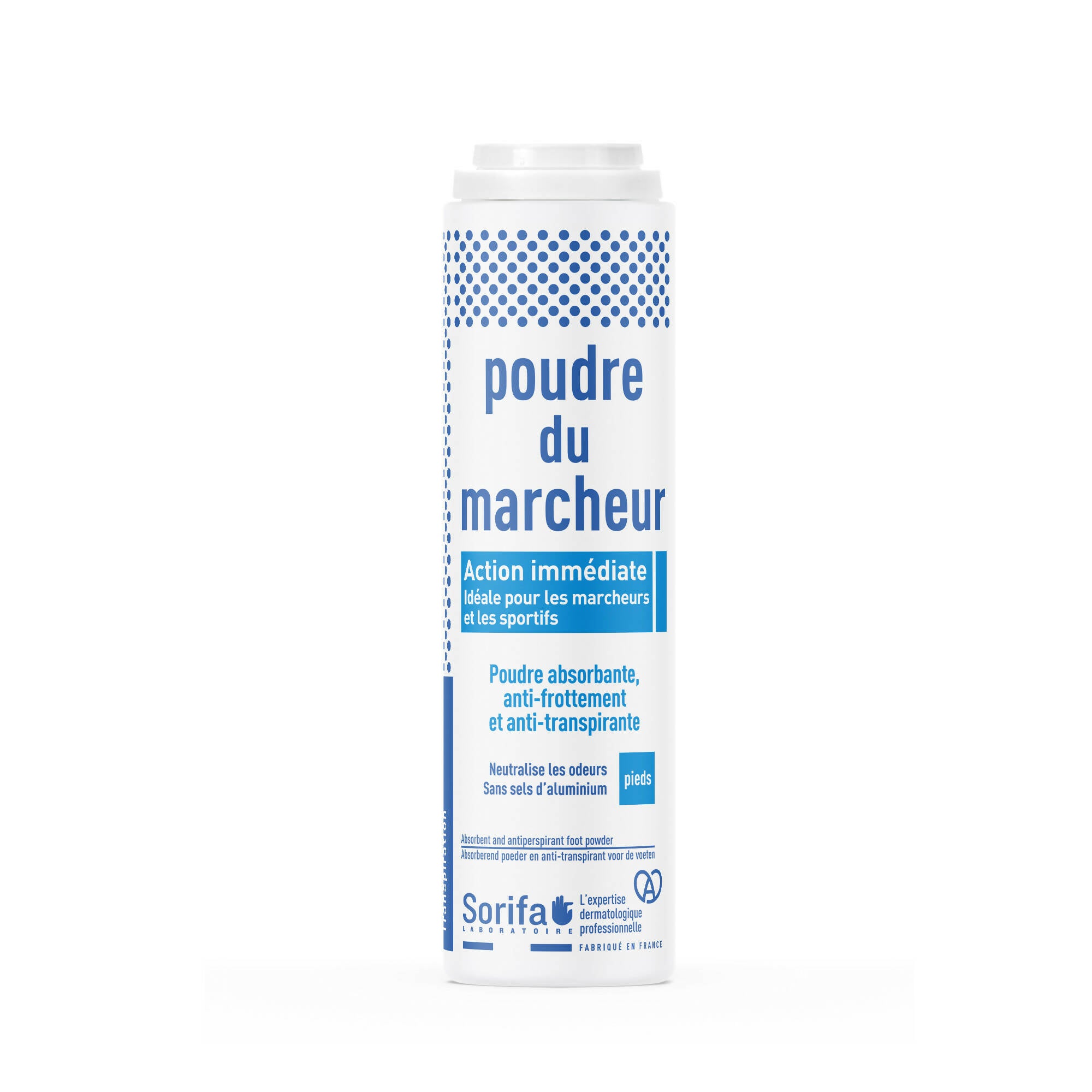 SORIFA - Poudre du Marcheur - Anti-transpirante - Absorbante - Pieds – Réduit la transpiration - Elimine odeurs et mycoses - Sans sels d’aluminium - Fabriqué en France - Poudreuse 100 gr