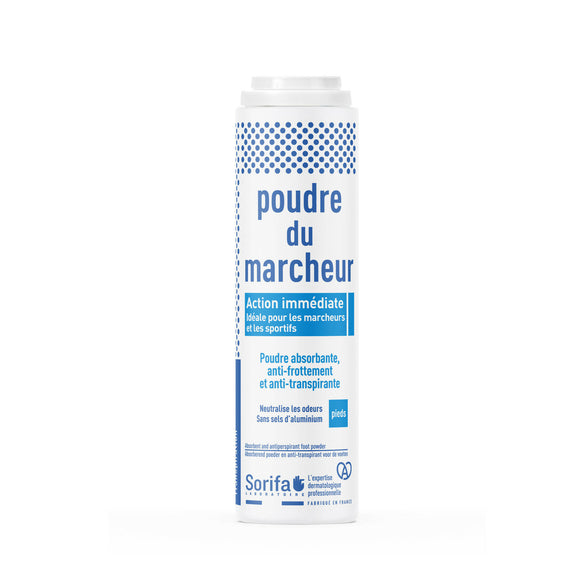Sorifa - poudre du marcheur - anti-transpirante - absorbante - pieds – réduit la transpiration - elimine odeurs et mycoses - sans sels d’aluminium - fabriqué en france - poudreuse 100 gr - Clicktofournisseur.com