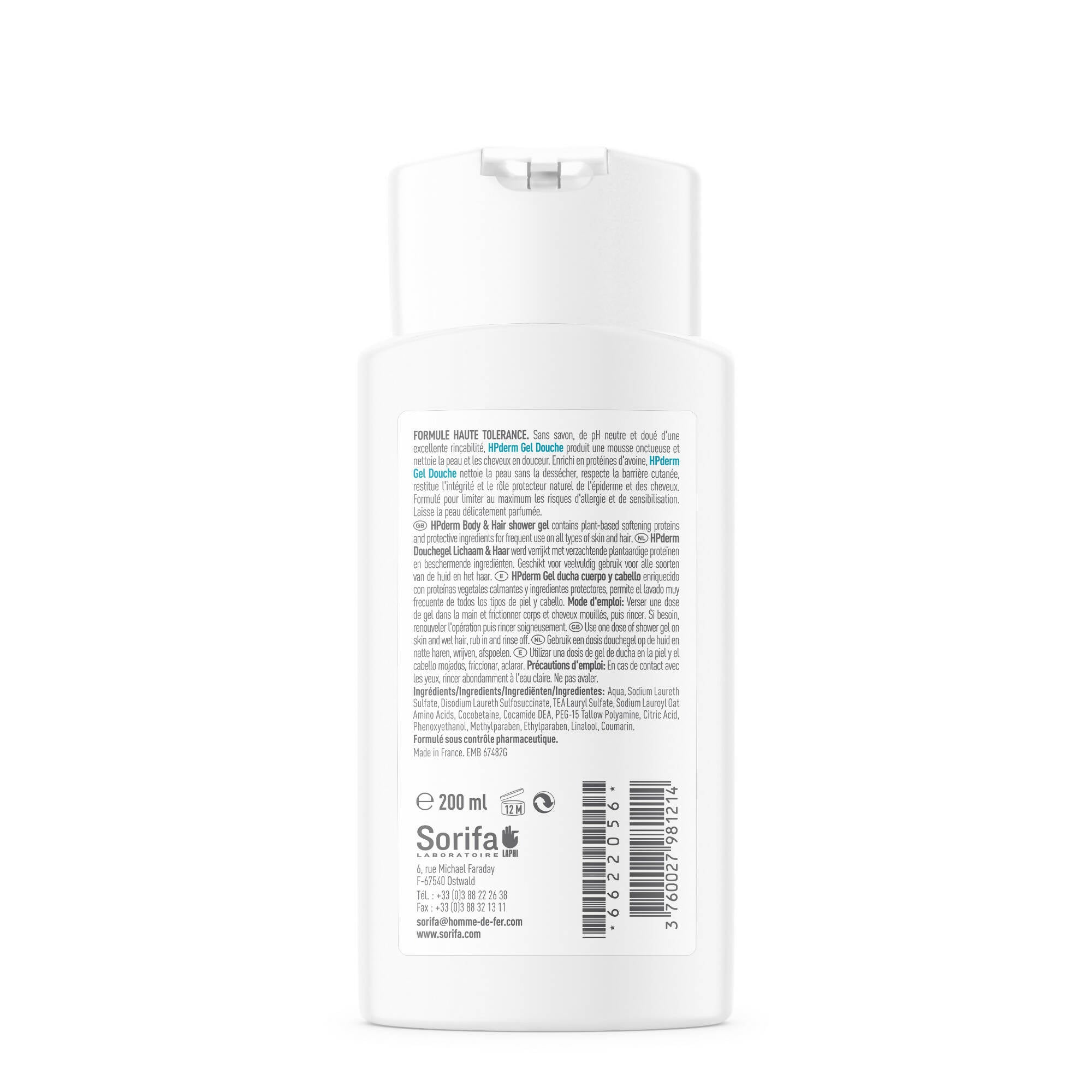 SORIFA - Carton complet de 30 - HPderm Gel douche - 2 en 1 corps et cheveux - Dermo-protecteur - Tout type de peau et cheveux- aux protéines d’avoine - Usage fréquent - pH neutre, sans savon - Flacon 200 ml
