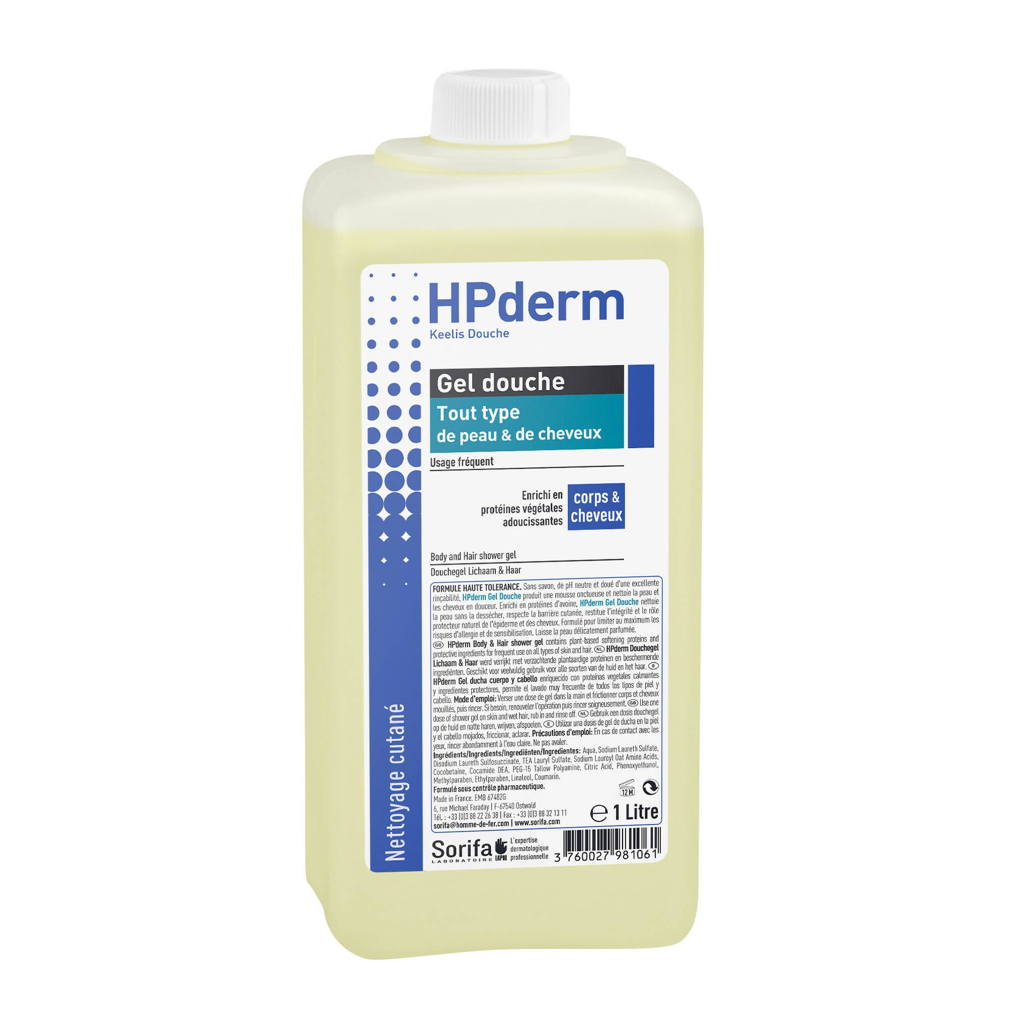 SORIFA - Carton complet de 12 - HPderm Gel douche - 2 en 1 corps et cheveux - Dermo-protecteur - Tout type de peau et cheveux- aux protéines d’avoine - Usage fréquent - pH neutre, sans savon - Flacon 1L - 0