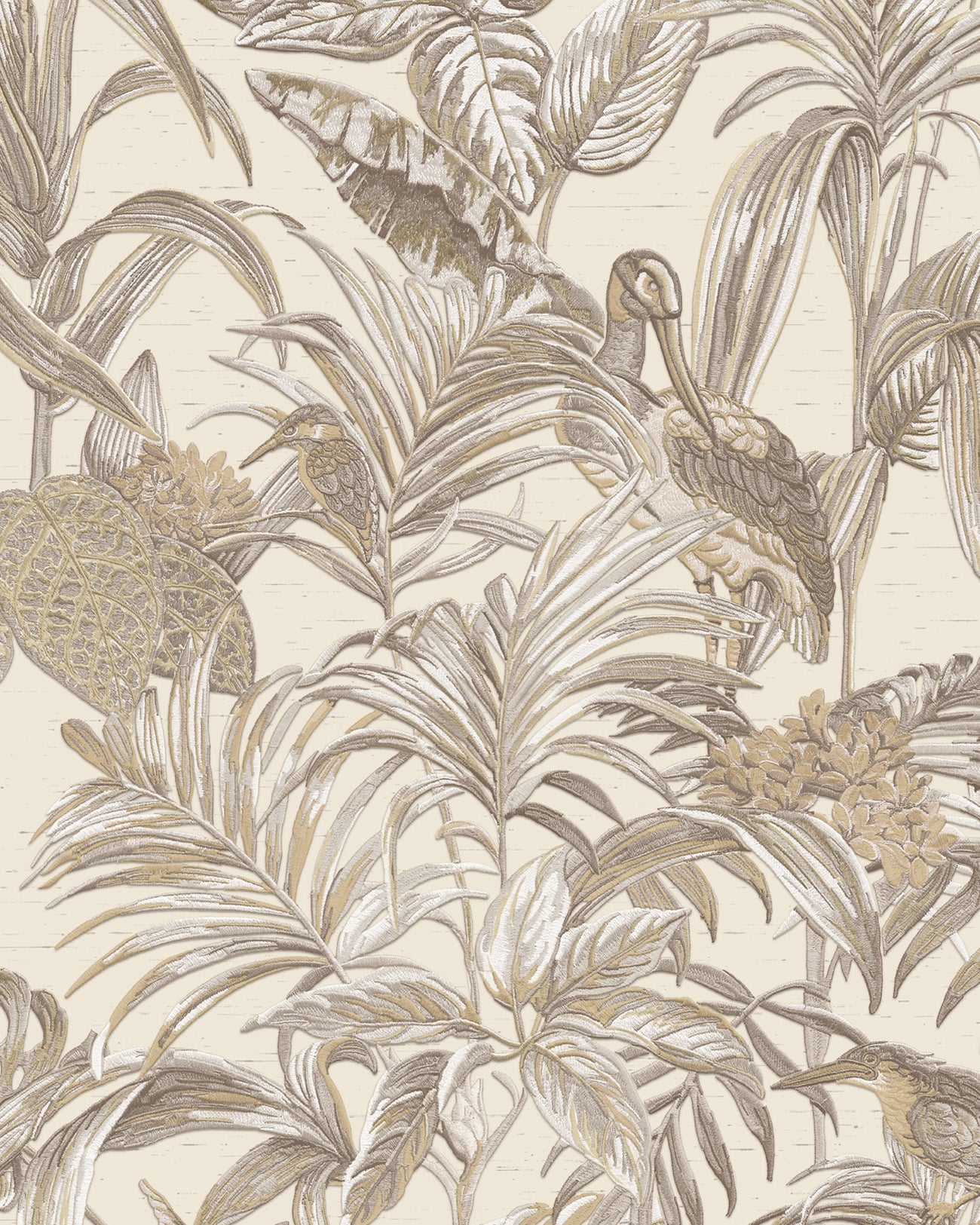 Papier peint moitf d'oiseaux Profhome DE120012-DI papier peint intissé gaufré à chaud gaufré avec un dessin exotique brillant ivoire blanc-crème bronze 5,33 m2