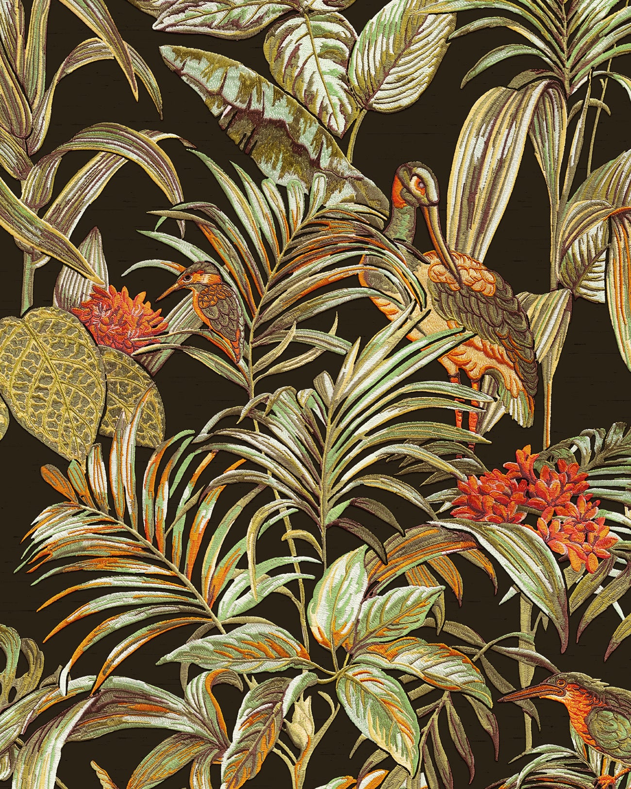 Papier peint moitf d'oiseaux Profhome DE120015-DI papier peint intissé gaufré à chaud gaufré avec un dessin exotique brillant noir vert orange 5,33 m2