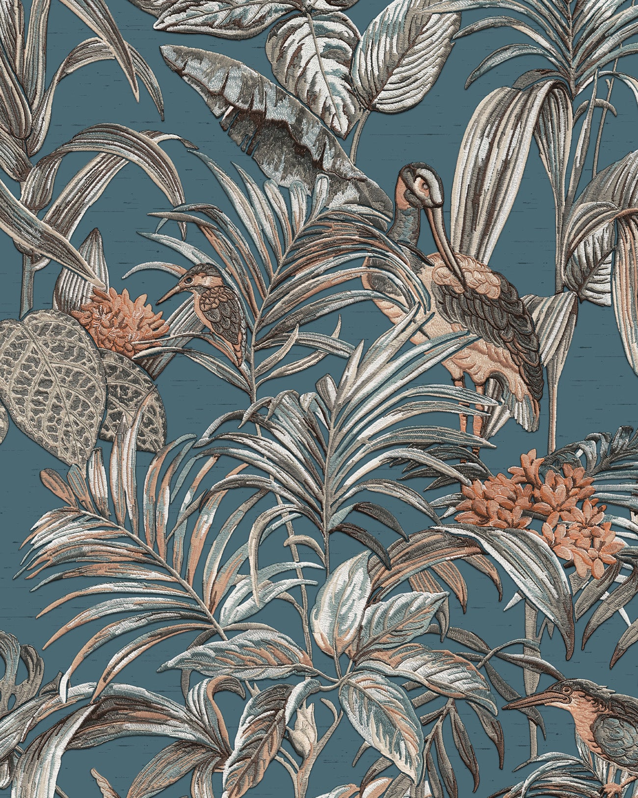 Papier peint motif d'oiseaux Profhome DE120016-DI papier peint intissé gaufré à chaud gaufré avec un dessin exotique brillant bleu pétrole argent brun caramel 5,33 m2