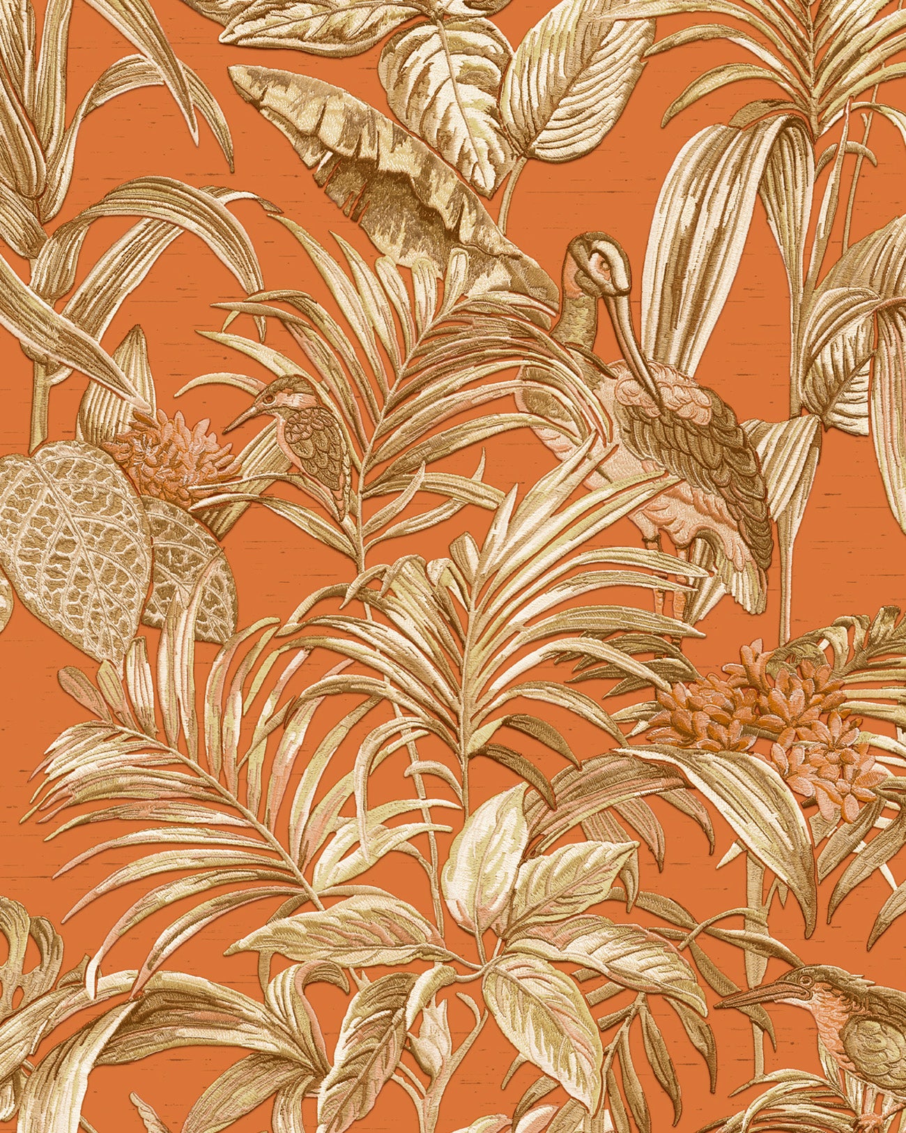 Papier peint moitf d'oiseaux Profhome DE120019-DI papier peint intissé gaufré à chaud gaufré avec un dessin exotique brillant orange cuivré or blanc crème 5,33 m2