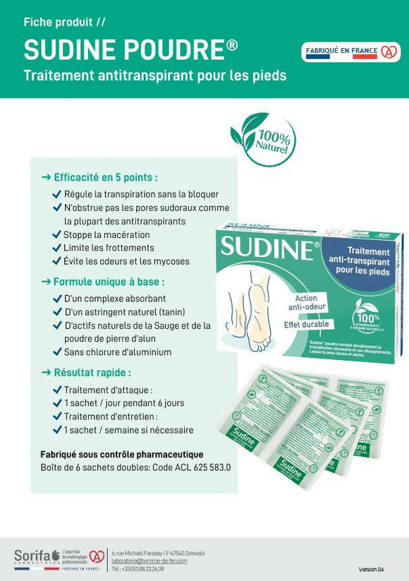 Sorifa - lot de 2 - sudine poudre traitement anti-transpirant - pied - régule la transpiration - absorbe - prévient les mycoses - sans sels d’aluminium - fabriqué en france - bte 100 sachets-doubles