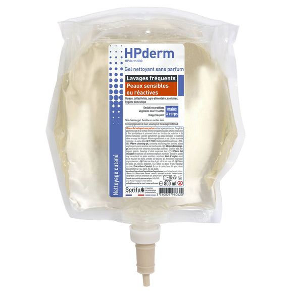 Sorifa - lot de 1 distributeur soribag + 1 poche 800 ml hpderm gel nettoyant sans parfum - lavages fréquents – peaux sensibles ou réactives - mains et corps - ph neutre sans savon