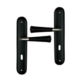 2 poignées de porte sur plaque CLEO, Entrée de clé pour chambre, Finition bois noir, Entraxe standard 195 mm