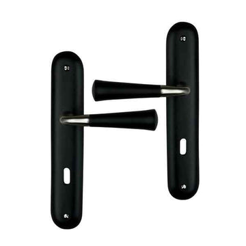 2 poignées de porte sur plaque CLEO, Entrée de clé pour chambre, Finition bois noir, Entraxe standard 195 mm