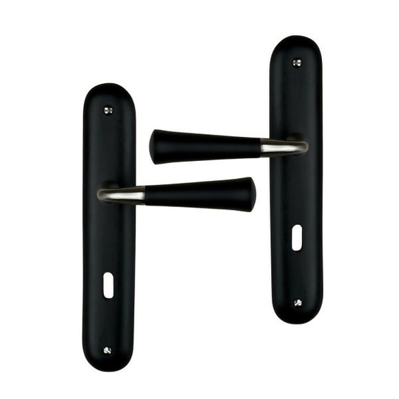 2 poignées de porte sur plaque CLEO, Entrée de clé pour chambre, Finition bois noir, Entraxe standard 195 mm