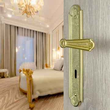 2 poignées de porte sur plaque REGENCE, Entrée de clé pour chambre, Finition laiton poli doré, Entraxe standard 195 mm