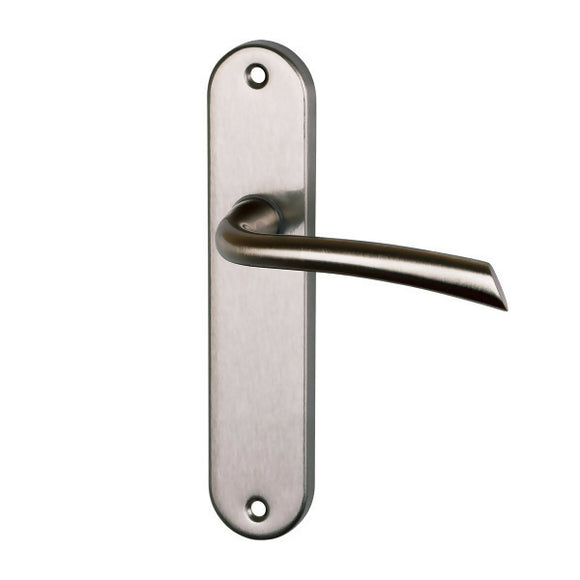 2 poignées de porte sur plaque RHAPSODIE, Sans trou pour pièce à vivre, Finition zamak nickel mat, Entraxe 165 mm