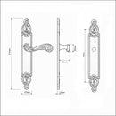 Schéma technique de poignées de porte sur plaque SULLY, Sans trou pour pièce à vivre, Finition laiton patiné aspect vieilli, Entraxe standard 195 mm