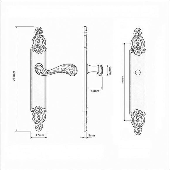 Schéma technique de poignées de porte sur plaque SULLY, Sans trou pour pièce à vivre, Finition laiton patiné aspect vieilli, Entraxe standard 195 mm