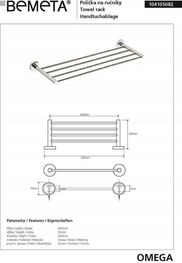 Etagère, tablette avec porte-serviettes OMEGA laiton chromé 65,5x5,5x20cm