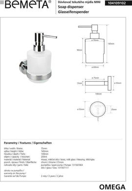 Distributeur de savon liquide en verre OMEGA 10x15x7,5cm / 200ml