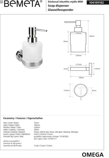 Distributeur de savon liquide en verre OMEGA 10x15x7,5cm / 200ml