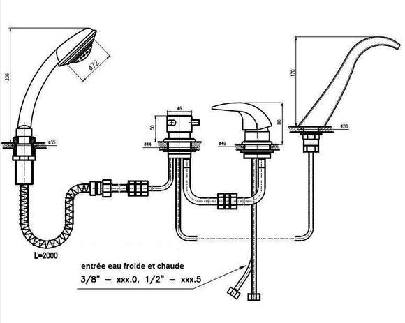 Mitigeur baignoire 3 trous DUNAJ avec cascade en laiton chromé