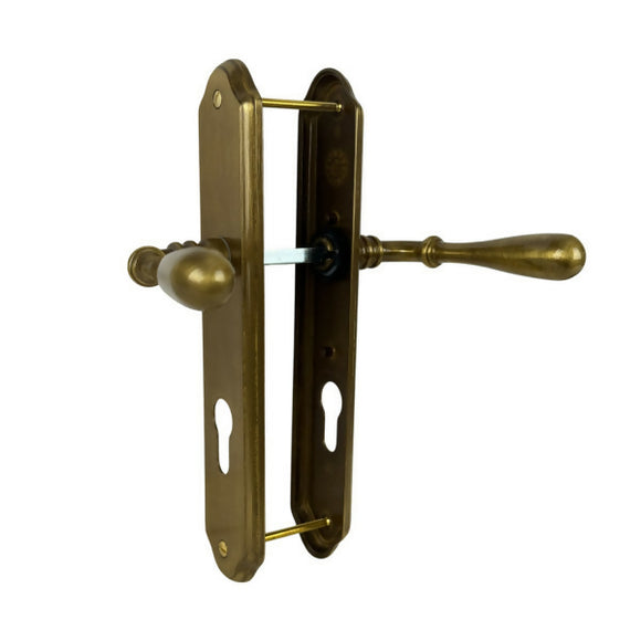 2 poignées de porte sur plaque CARINA, Trou de cylindre - entrée - bureau - service, Finition laiton patiné, Entraxe standard 195 mm