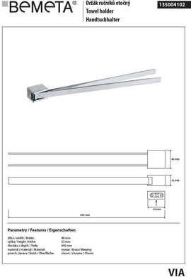 Porte serviette double pivotant VIA en chrome 4,6 x 3,2 x 44,5 cm