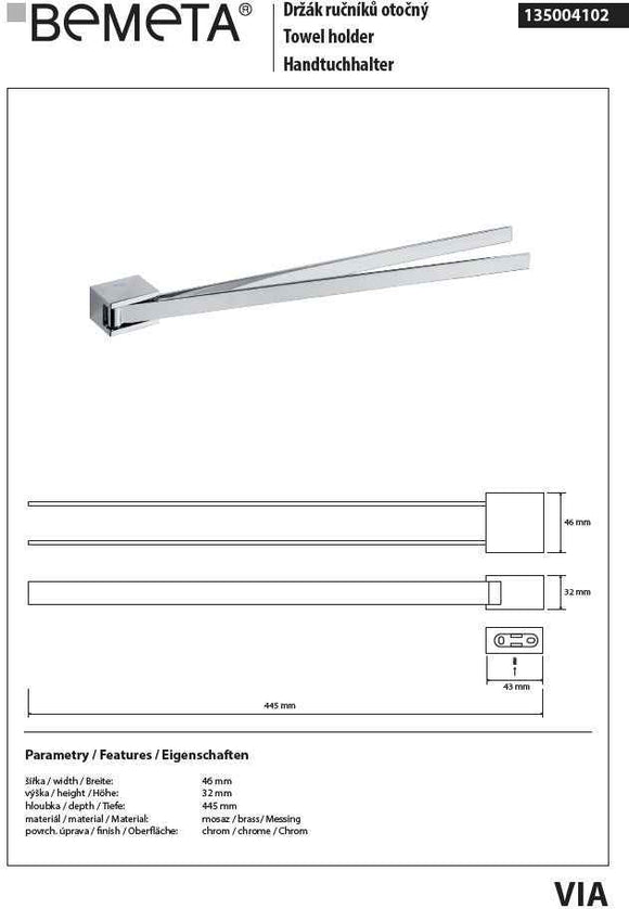 Porte serviette double pivotant VIA en chrome 4,6 x 3,2 x 44,5 cm
