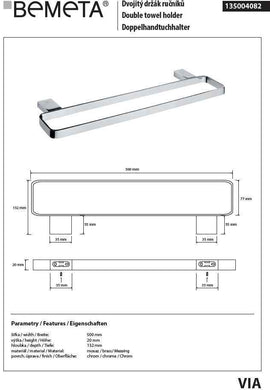 Porte serviette double VIA en chrome 50 x2 x13,2 cm