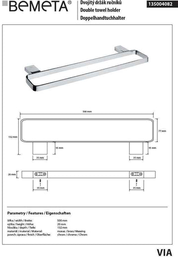 Porte serviette double VIA en chrome 50 x2 x13,2 cm