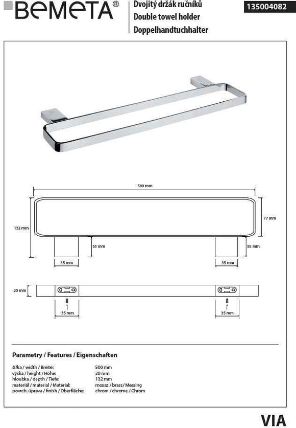 Porte serviette double VIA en chrome 50 x2 x13,2 cm