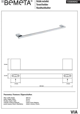 Porte serviette VIA en chrome 60 x 2 x5,9 cm
