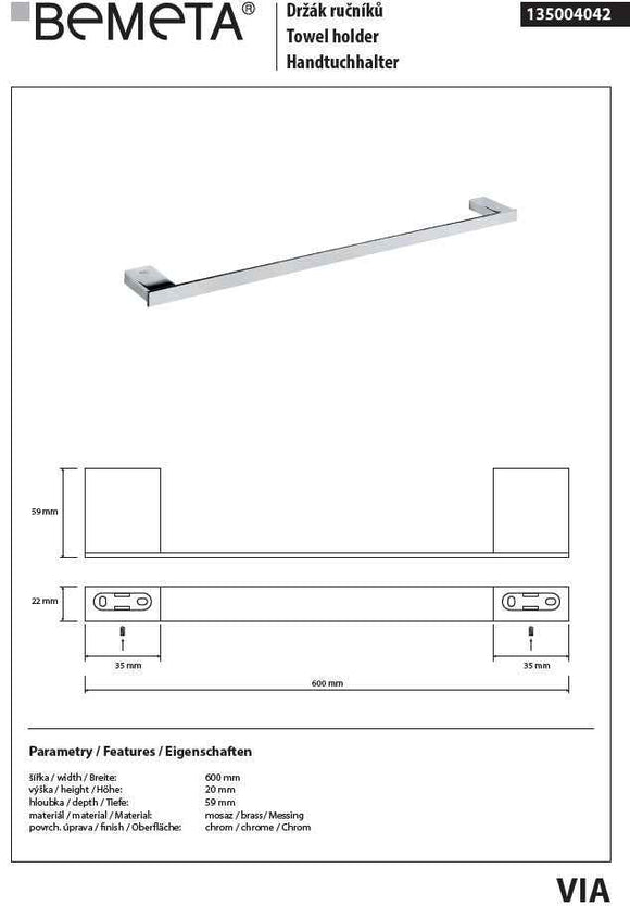 Porte serviette VIA en chrome 60 x 2 x5,9 cm