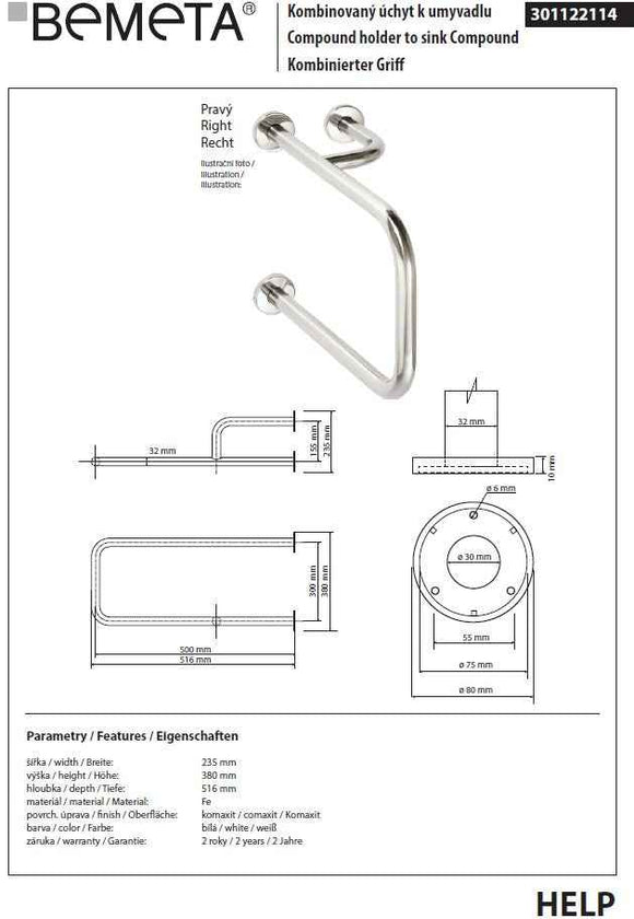 Barre de maintien + porte serviette d'angle droite HELP 23x38x51,5cm