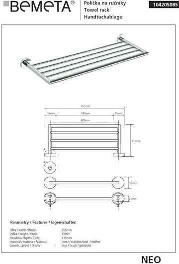 Etagère porte-serviettes NEO en acier inoxydable 65,5x5,5x21,5 cm