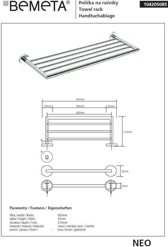Etagère porte-serviettes NEO en acier inoxydable 65,5x5,5x21,5 cm