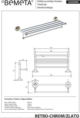 Porte-serviettes avec étagère RETRO chromé doré 66,5x12x22,5 cm