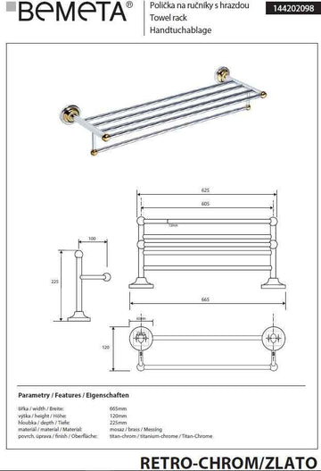Porte-serviettes avec étagère RETRO chromé doré 66,5x12x22,5 cm