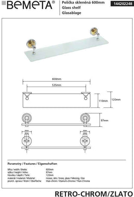 Tablette de douche murale en verre RETRO chromé doré 60x8,7x12 cm