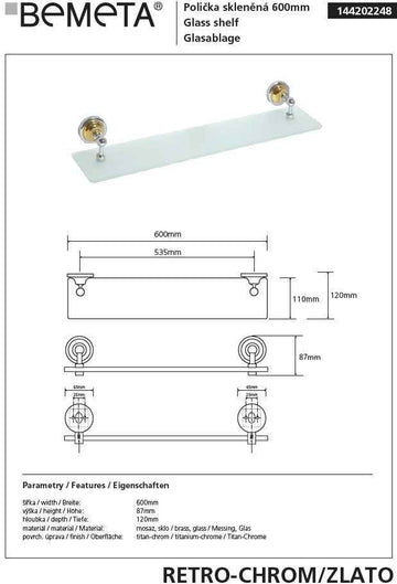 Tablette de douche murale en verre RETRO chromé doré 60x8,7x12 cm