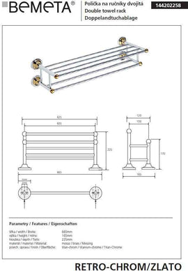 Etagère double trapèze avec porte-serviettes RETRO chromé doré 66,5x16,5x22,5 cm