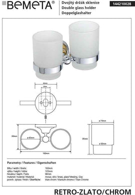 Porte brosses à dents double en verre RETRO chromé-doré 16x10,5x9 cm