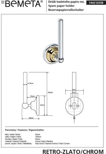 Dérouleur papier toilette de rechange RETRO chromé doré 6,5x17x6,5 cm