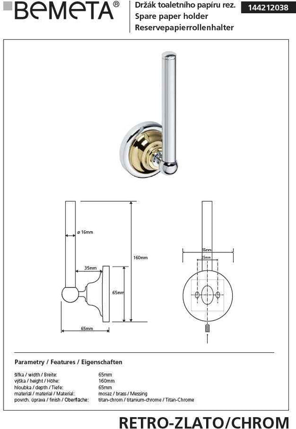 Dérouleur papier toilette de rechange RETRO chromé doré 6,5x17x6,5 cm