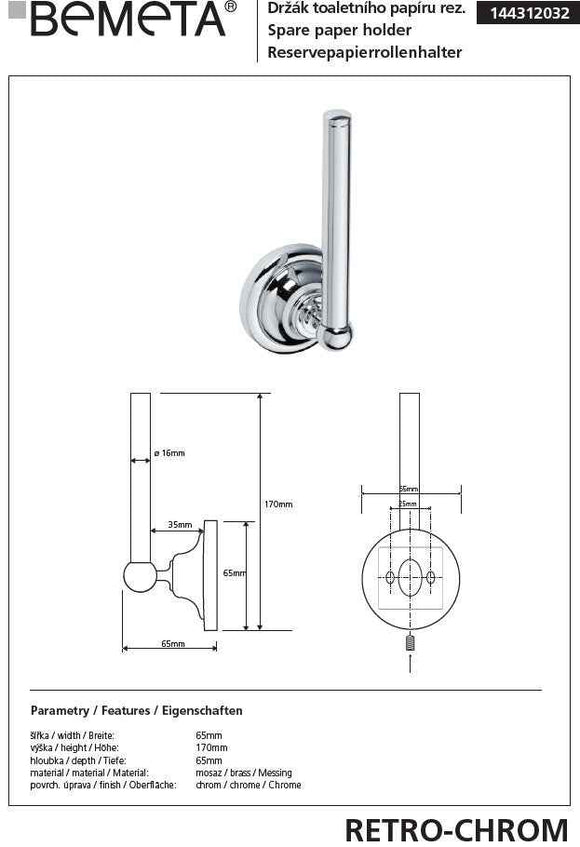 Dérouleur recharge papier toilette RETRO en laiton chromé 6,5x17x6,5 cm