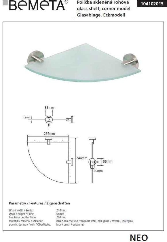 Etagère, tablette d'angle en verre NEO 24x24x5,5cm