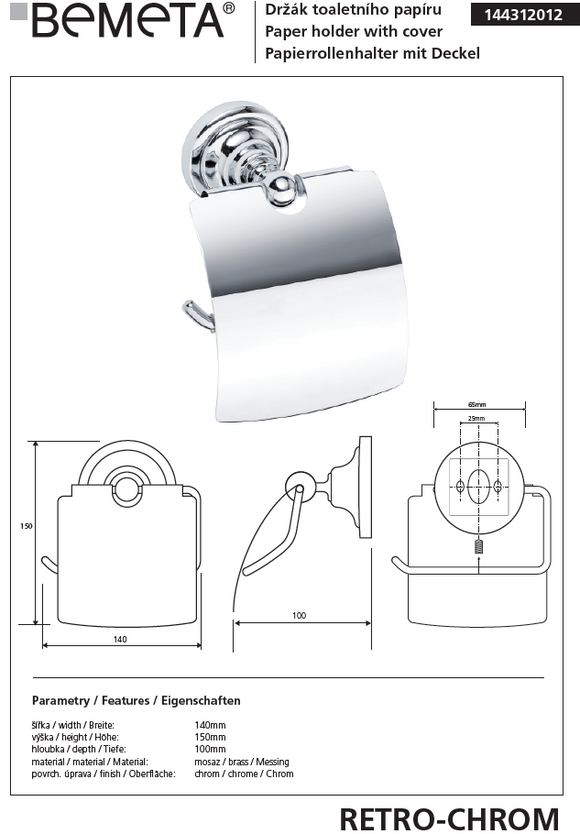 Dérouleur toilettes WC avec couvercle RETRO en laiton chromé 14x15x10 cm