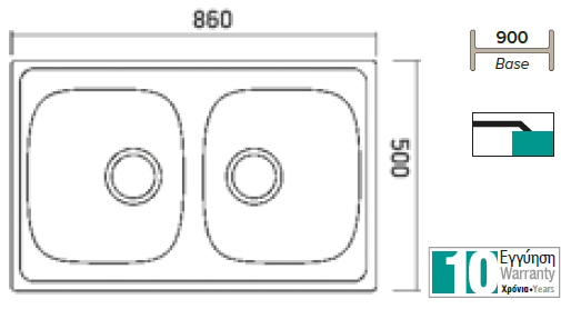 Évier 2 bacs en acier inoxydable ROSA avec bonde et siphon 86x50 cm