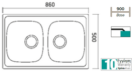 Évier 2 bacs en acier inoxydable ROSA avec bonde et siphon 86x50 cm