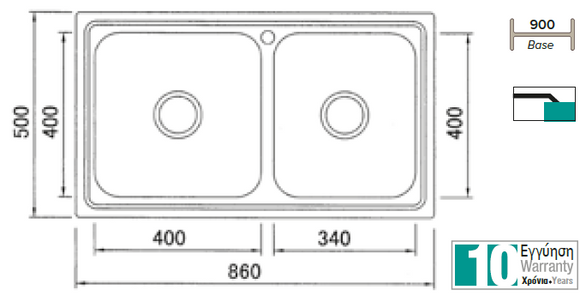 Évier 2 bacs en acier inoxydable ROSO avec bonde et siphon 86x50 cm