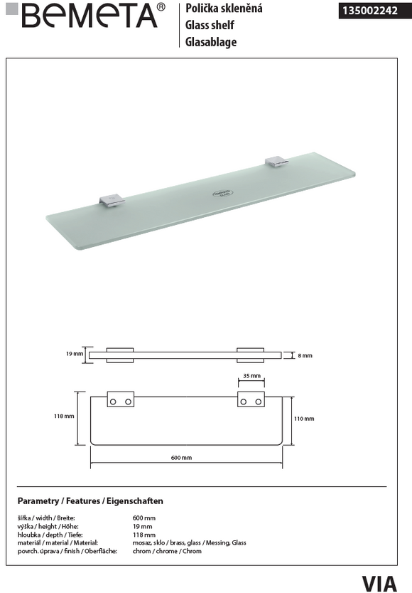 Etagère, tablette murale de douche VIA en verre 60 x1,9 x 11,8 cm