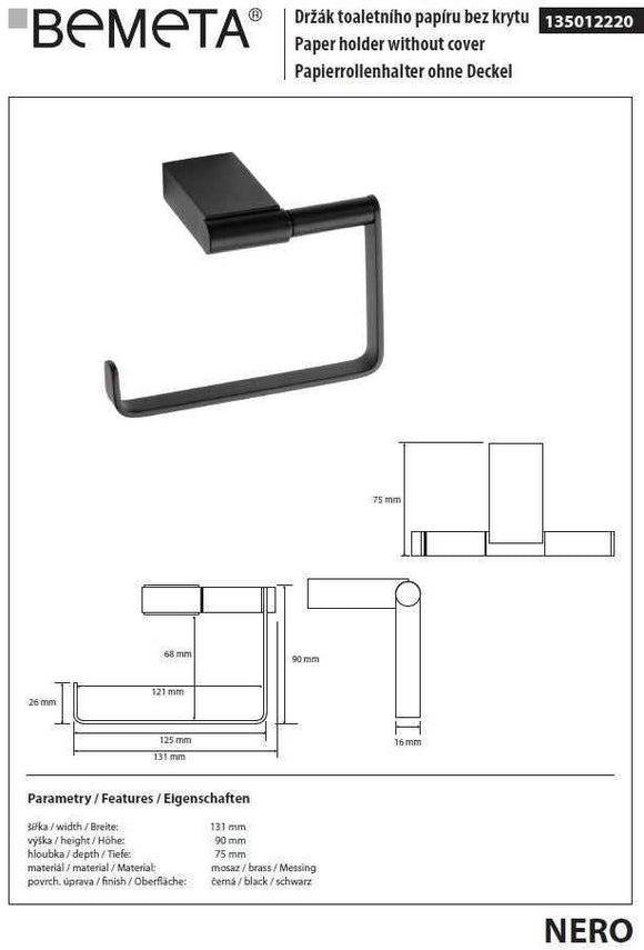 Dérouleur papier toilette mural de rechange NERO 13,1 x9 x7,5 cm